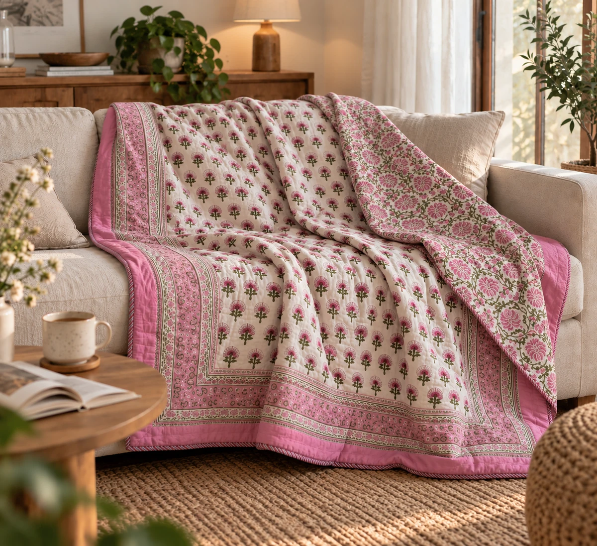 Pink reversible floral quilt styled on a warm neutral sofa