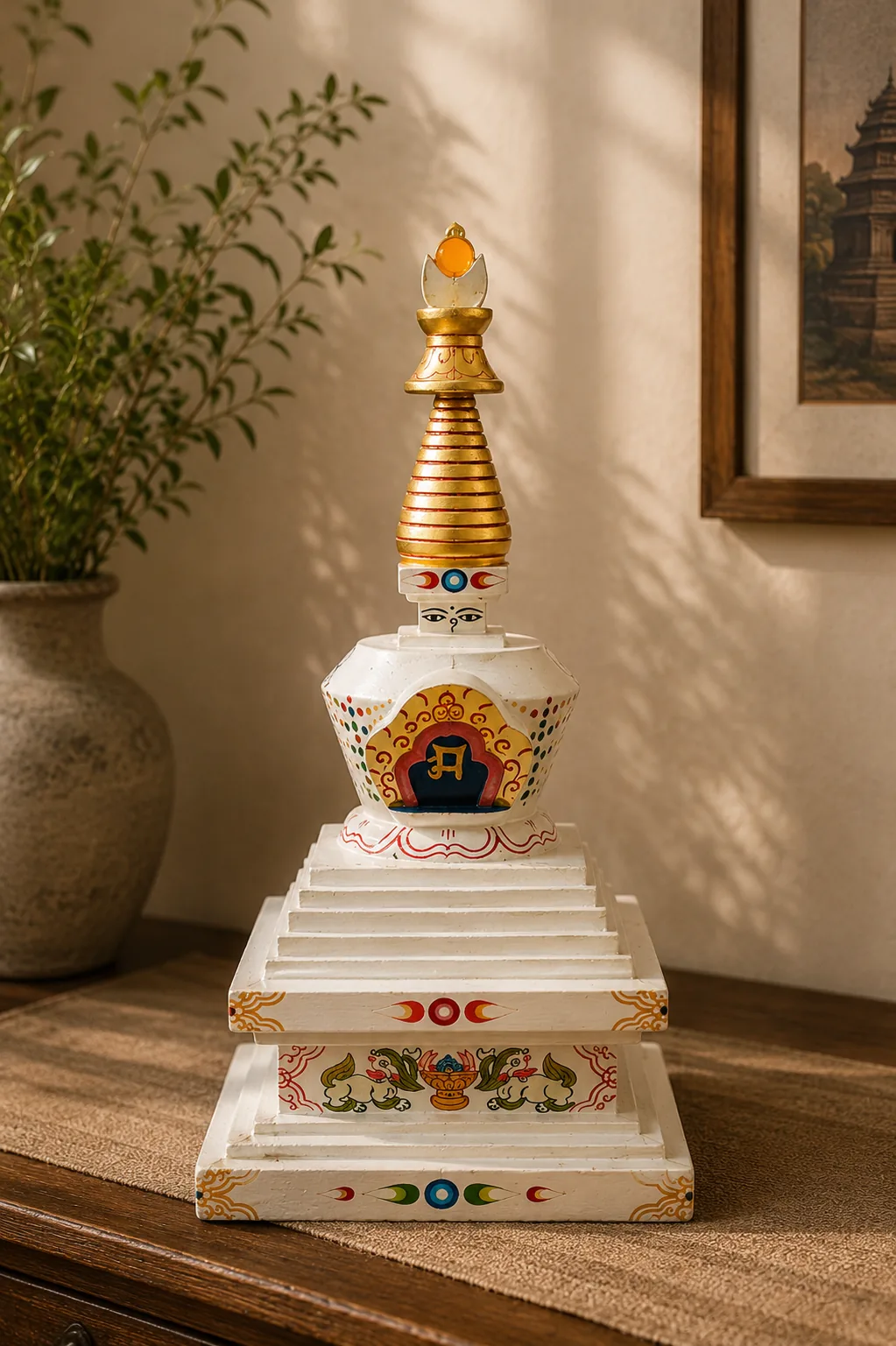 Hand-painted white and gold stupa displayed on a timber sideboard