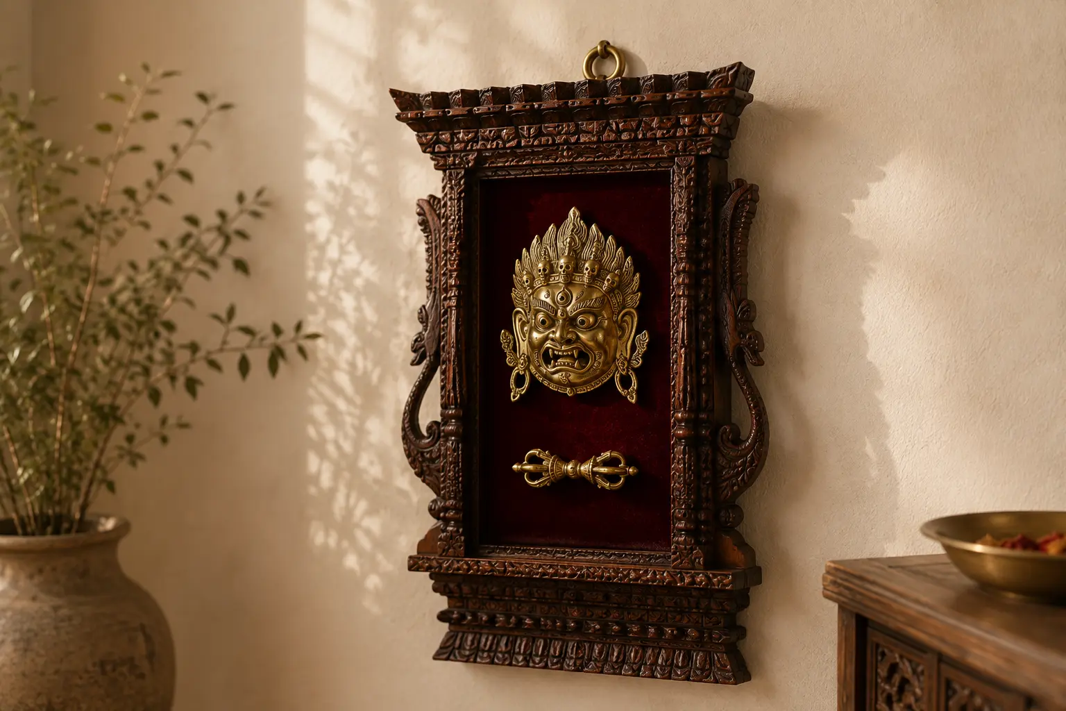 Framed brass deity mask mounted on deep red velvet